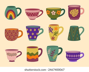 Set of various tea cups. Cute mugs different shapes and ornaments. Hand drawn vector illustration isolated on light background, flat cartoon style.
