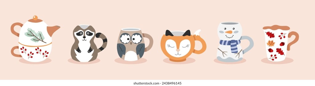 Set of various tea cups and tea pot. Cute cartoon characters - fox, owl, snowman, raccoon. Hand drawn color vector illustration isolated on beige background. 