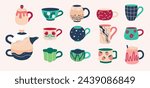 Set of various tea cups and teapot. Cute dishes different shapes and ornaments. Hand drawn color vector illustration isolated on beige background. Modern flat cartoon style.