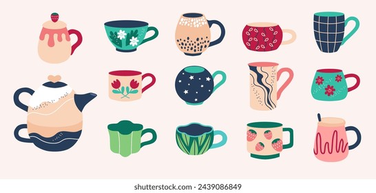 Set of various tea cups and teapot. Cute dishes different shapes and ornaments. Hand drawn color vector illustration isolated on beige background. Modern flat cartoon style.