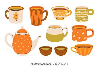 Set of various tea cups and teapot. Cute autumn dishes different shapes and ornaments. Hand drawn color vector illustration isolated on white background. Modern flat cartoon style.