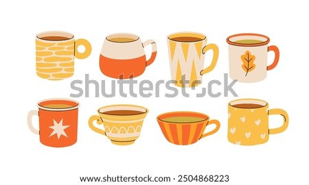 Set of various tea cups and teapot. Cute autumn dishes different shapes and ornaments. Hand drawn color vector illustration isolated on white background. Modern flat cartoon style.