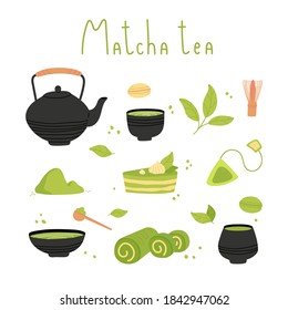 Set of various tea products made from matcha. Matcha powder, whisk, macarons, cake, bamboo spoon, teapot, drink, sweets, tea. Hand drawn vector set with lettering. Colored trendy illustration