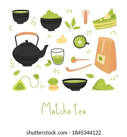Set of various tea products made from matcha. Matcha powder, whisk, macarons, cake, bamboo spoon, teapot, drink, sweets, tea. Hand drawn vector set with lettering. Colored trendy illustration