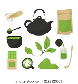Set of various tea products made from matcha. Green matcha powder, whisk, bamboo spoon, teapot, drink, tea, tea leaves, chocolate. Hand drawn vector set. Colored trendy illustration flat style