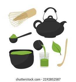 Variedad de productos de té a base de matcha. Polvo verde matcha, whisky, cuchara de bambú, tetera, bebida, té, hojas de té, chocolate. Conjunto de vector dibujado a mano. Ilustración de moda de color de estilo plano