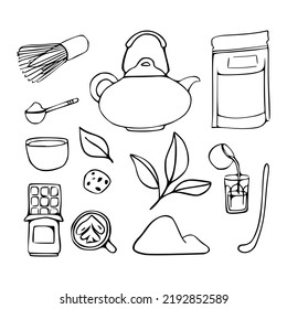 Set of various tea products made from matcha. Matcha powder, whisk, bamboo spoon, teapot, drink, tea, tea leaves, chocolate. Hand drawn vector set. Colored trendy illustration line art