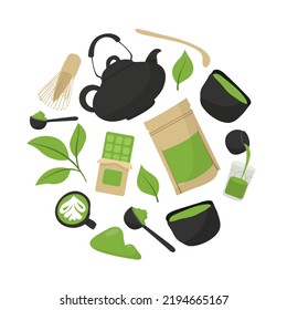 Set mit verschiedenen Teeprodukten aus Matcha. Grünes Matcha-Pulver, Whisk, Bambuslöffel, Teekanne, Getränk, Tee, Teeblätter, Schokolade. Handgezeichneter Vektorsatz. Farbige, trendige Illustration im Flachstil