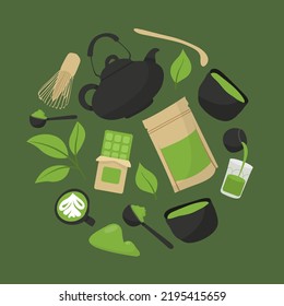 Set of various tea products made from matcha. Green matcha powder, whisk, bamboo spoon, teapot, drink, tea, tea leaves, chocolate. Hand drawn vector set. Colored trendy illustration flat style