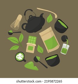 Set of various tea products made from matcha. Green matcha powder, whisk, bamboo spoon, teapot, drink, tea, tea leaves, chocolate. Hand drawn vector set. Colored trendy illustration flat style