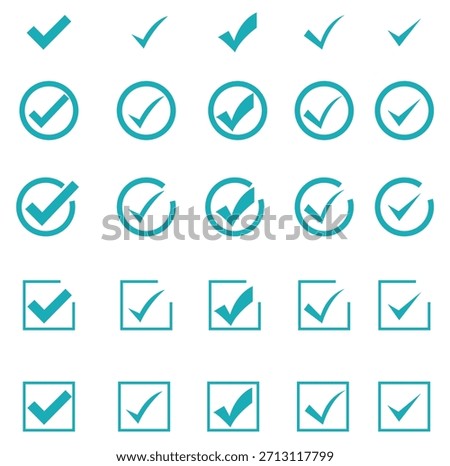 Set of various teal check mark icons and symbols in different styles and sizes, isolated on white background