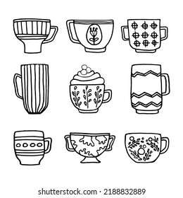 A set of various teapots, mugs, glasses. Vector illustration 
vector linear icons for cafe menu with tea and coffee. Doodle hand drawn sketches.