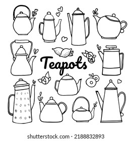 Eine Reihe von verschiedenen Teelöffeln, Umarmungen, Brillen. Vektorgrafik 
Vektorlineare Symbole für Café-Menü mit Tee und Kaffee. Von Hand gezeichnete Doodle-Skizzen.
