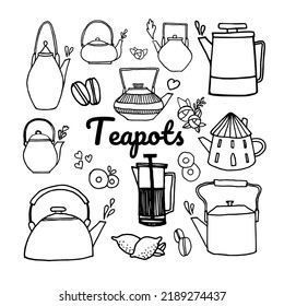 A set of various teapots, mugs, glasses. Vector illustration vector linear icons for cafe menu with tea and coffee. Doodle hand drawn sketches.