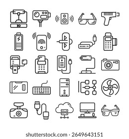 A set of various technology and gadget icons, including 3D printer, camera, speaker, and computer components, in a clean outline style.