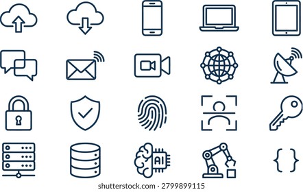 A set of various technology and internet related icons arranged on a plain white background