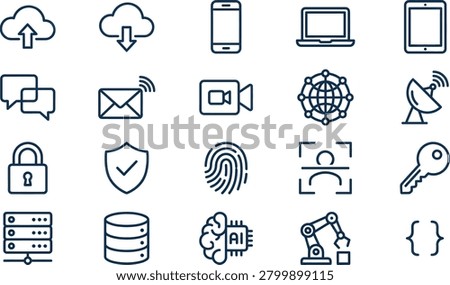A set of various technology and internet related icons arranged on a plain white background