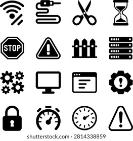Set of various technology and system status icons featuring network signals tools and alerts
