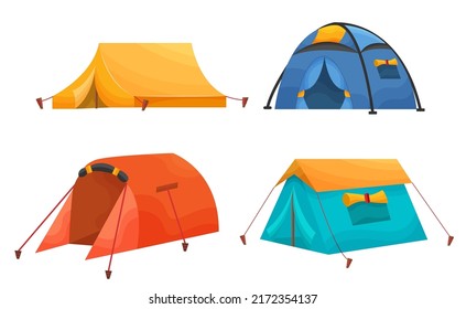 Conjunto de varias carpas para acampar en vacaciones, conjunto de iconos para diseño gráfico de vacaciones en estilo de dibujos animados, ilustración vectorial