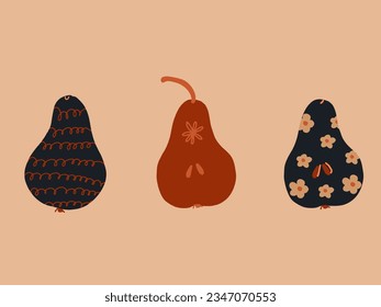 Set of various textured pears fruit. Cartoon style pears with different Ornament design. Hand drawn vector illustration. Cute fruit objects. Trendy flat design Isolated on a pastel background