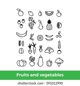 Set of various thin line icons of fruits and vegetables. Broccoli, aubergine, carrot, onion, avocado, pineapple, grapes, strawberries, tomato, pumpkin, paprika, apple, orange. Vector illustration.