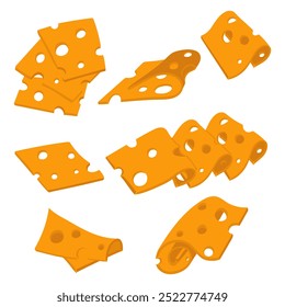 set of various thinly sliced slices of yellow cheese with holes. flat illustration of cheeses in different positions, groups and isolated slices, a modern vector collection of pieces of dairy products
