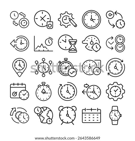 A set of various time-related icons, including clocks, calendars, timers, and symbols representing deadlines, scheduling, and productivity, all in a minimalist outline style.