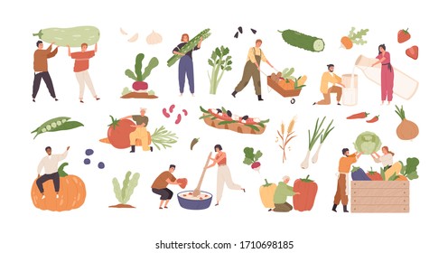 Set Of Various Tiny People With Different Food And Products Isolated On White Background. Collection Of Cartoon Person With Organic Farm Harvest Vegetable, Drink And Meal Vector Graphic Illustration