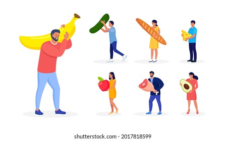 Set Of Various Tiny People With Different Food And Products. Men And Women Eat Cheese, Bread, Fruits, Vegetable And Meat. Vector Illustration