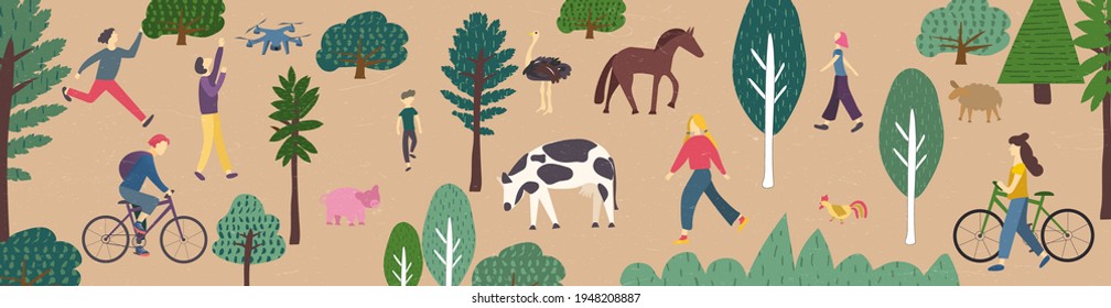 Set of various tiny people and farm animals Farmland banner template. Cartoon male and female characters outdoor workout. Summer eco holiday vacation in countryside. Flat vector illustration 