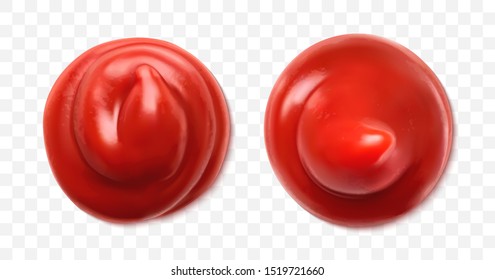 Set of various tomato sauce or ketchup splashes isolated on transparent background. Realistic vector illustration