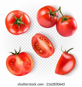 Reihe verschiedener Tomaten. Ganze Tomate, geschnittene Tomate. Vektorgrafik auf transparentem Hintergrund.