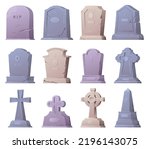 A set of various tombstones. Stone marble tombstones. Memory of the dead. Vector illustration