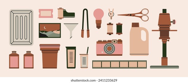 Set with various tools for film development: enlarger, red safelight, tongs, funnel, film reel, camera, chemicals etc. Dark room supplies. Hand drawn vector illustration. Retro photo printing concept