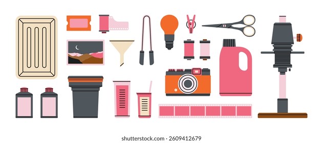 Set with various tools for film development: enlarger, red safelight, tongs, funnel, film reel, camera, chemicals etc. Dark room supplies. Hand drawn vector illustration. Retro photo printing concept