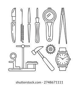 Set of various tools and including a knife, pliers, hammer, watch
