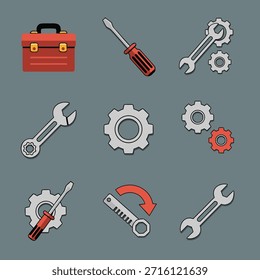 Un conjunto de varias herramientas que incluyen llaves, destornilladores y engranajes, que representan reparación, mecánica y trabajo industrial.