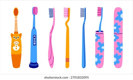 Set verschiedener Zahnbürsten. Elektrische, manuelle, Kinder Zahnbürsten Typen. Farbige, handgezeichnete Vektorgrafik, einzelne Illustration. 