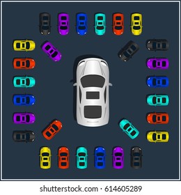 Set of various top view vector sport cars. Isolated vehicle icon.
