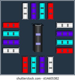 Set of various top view vector buses. Isolated transport icon.