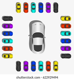 Set of various top view vector sport cars. Isolated vehicle icon.