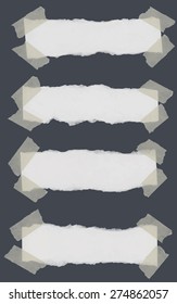 Set of various torn note papers with adhesive, sticky tape on dark gray background.
