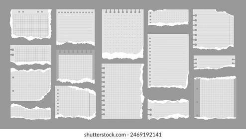 Set of various Torn Notebook Sheet. White and grey ripped paper notes, stickers, sticky sheets and tape. Vector illustration in flat style. Trendy elements for collage.