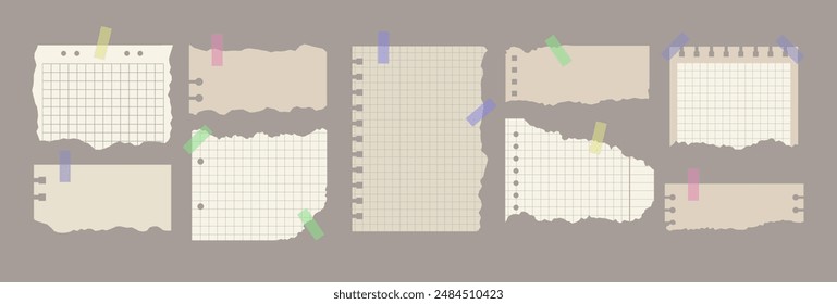 Set of various Torn Notebook Sheet. Soft Beige ripped paper notes, stickers, sticky sheets and tape. Vector illustration in flat style. Trendy elements for collage.