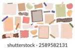 Set of various torn paper notes, stickers, to do list, notebook, duct tapes, paper clips. Isolated flat sticky elements or reminders for mood boards, scrapbooking, collages on white. Vector.