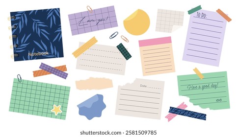 Set of various torn paper notes, stickers, to do list, duct tapes, paper clips. Isolated sticky elements, planners, and reminders for mood boards or scrapbooking. Vector flat illustrations on white.