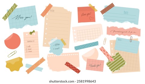 Set of various torn paper notes, stickers, to do list, duct tapes, paper clips. Isolated sticky elements, planners, and reminders for mood boards, scrapbooking, collages. Vector illustrations on white