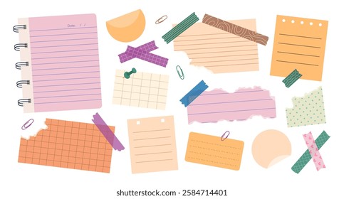 Set of various torn paper notes, stickers, to do list, duct and washi tapes, paper clips. Isolated flat sticky elements, planners, reminders for mood boards, scrapbooking, collages. Vector.