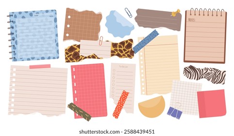 Set of various torn paper notes, stickers, to do list, notebook, duct tapes, paper clips. Isolated flat sticky elements, planners, reminders for mood boards, scrapbooking or collages. Vector.