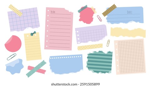 Set of various torn paper notes, stickers, to do list, duct tapes, paper clips. Isolated flat sticky elements, planners, reminders for mood boards, scrapbooking or collages. Vector illustrations.